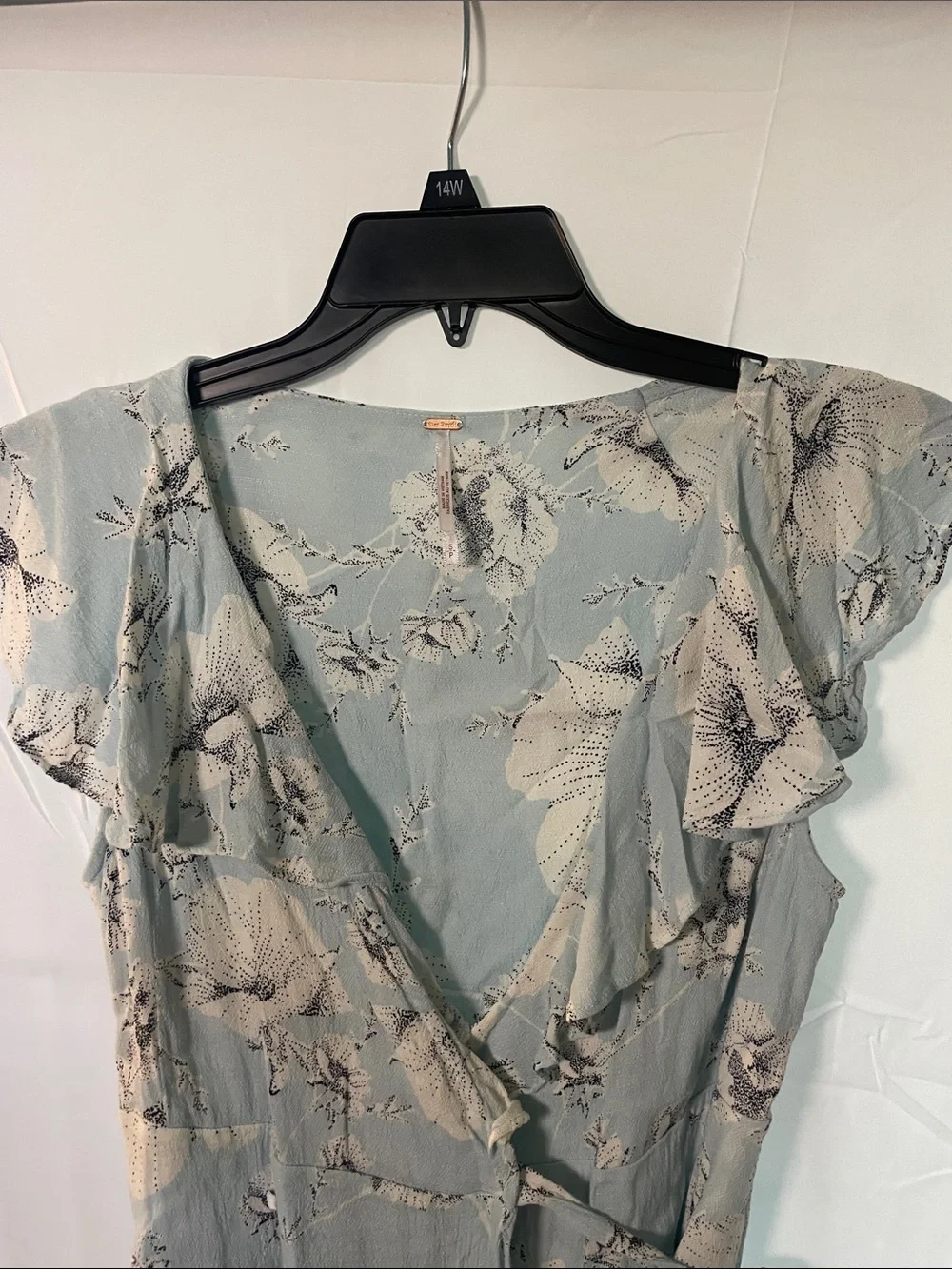 Free People French Quarter Wrap Dress Light Blue Floral Ruffle Mini Small S